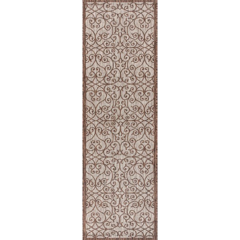 2'x8' Madrid Vintage Filigree Textured Weave Indoor/Outdoor Runner Rug, Taupe/Espresso - JONATHAN Y