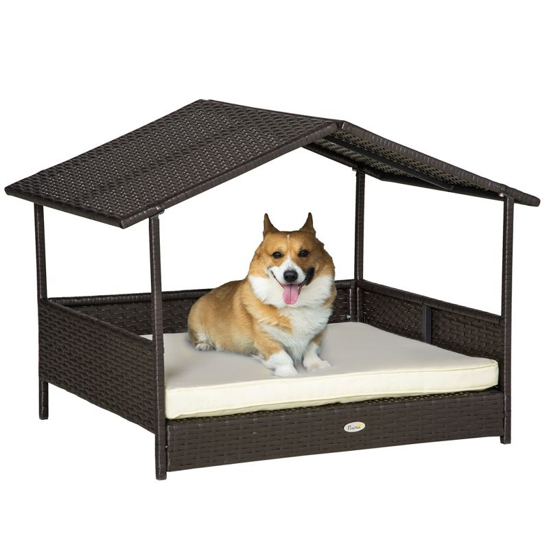 PawHut Wicker Dog House Elevated Raised Rattan Bed for Indoor/Outdoor with Removable Cushion Lounge, Cream