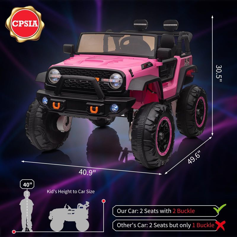 Electric Ride On Car, 24V 2 Seats for Kids, with Remote Control, 4WD Spring Suspension, 2 Speeds, Music, for 3+,Pink