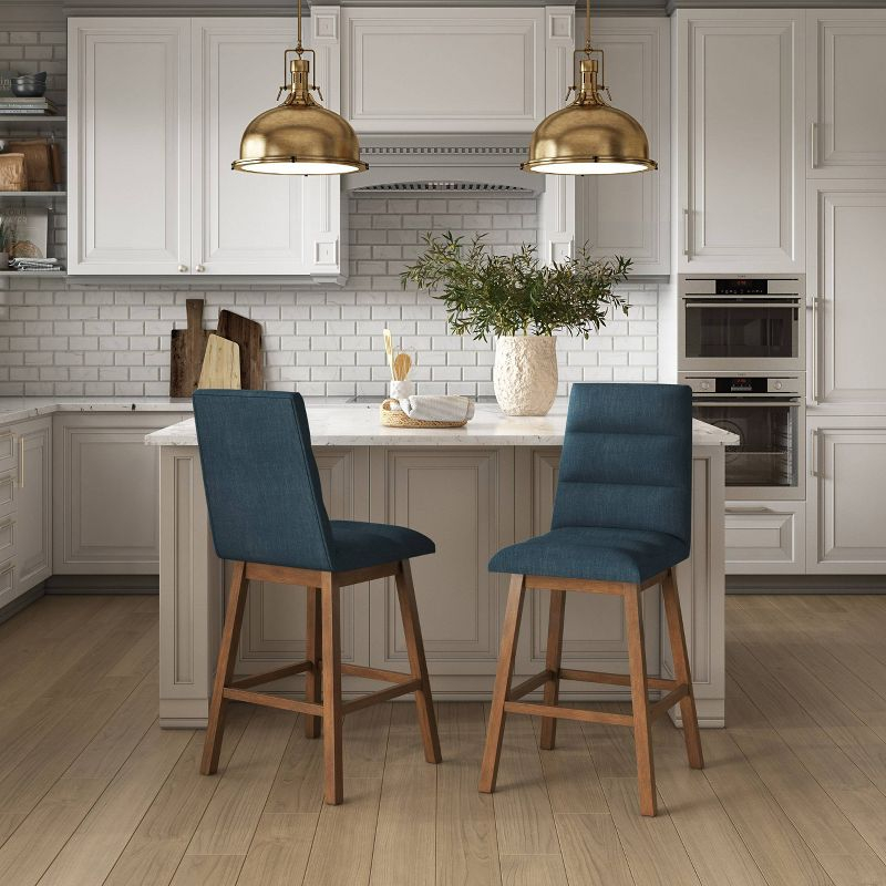 Set of 2 Boston Channel Tufted Fabric Barstools Navy Blue - CorLiving: Upholstered, High Back, Rubberwood Legs