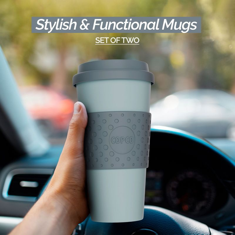 Copco Acadia To Go Mug Set of 2, 16 Ounce Reusable Coffee Cups with Lids, Durable & BPA-Free, Travel Mugs Double-Wall Insulation, Aqua & Gray