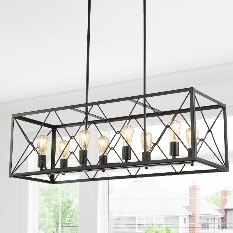 JONATHAN Y Galax 39" 8-Light Adjustable Iron Farmhouse Industrial LED Dimmable Pendant, Oil Rubbed Bronze