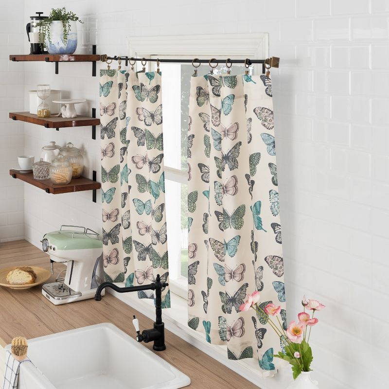 2pc 56"x36" No. 918 Sheer Magdalena Butterfly Print Rod Pocket Kitchen Curtain Tier Pair Blue: Polyester, Machine Washable
