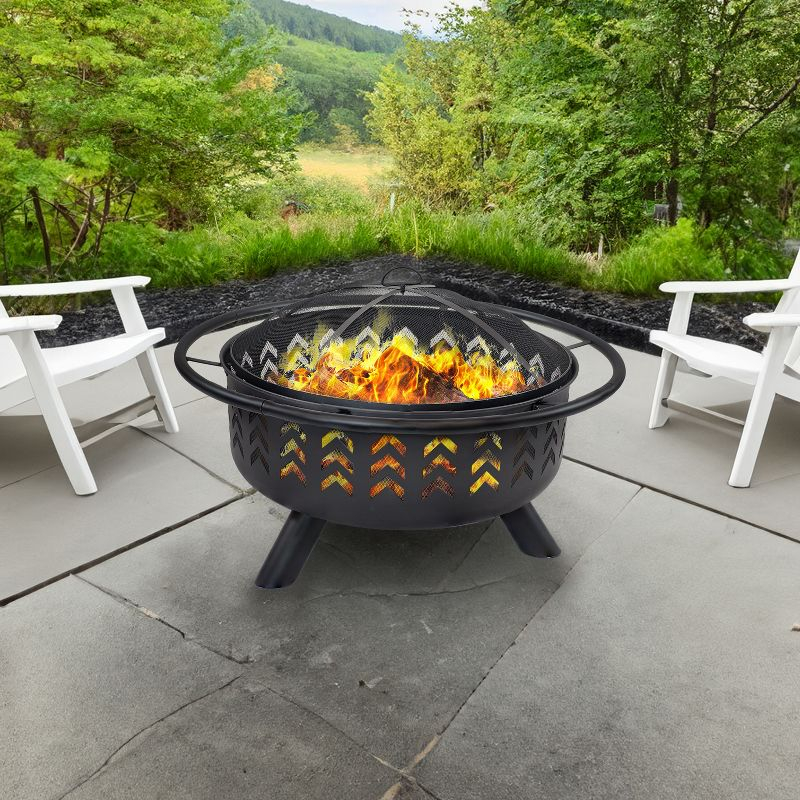 Sunnydaze Arrow Motif Heavy-Duty Steel Fire Pit with Spark Screen, Built-In Grate, and Cover - 36-Inch Round - Black