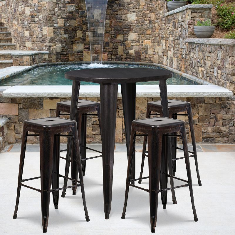 Flash Furniture Commercial Grade 30" Round Black-Antique Gold Metal Indoor-Outdoor Bar Table Set with 4 Square Seat Backless Stools