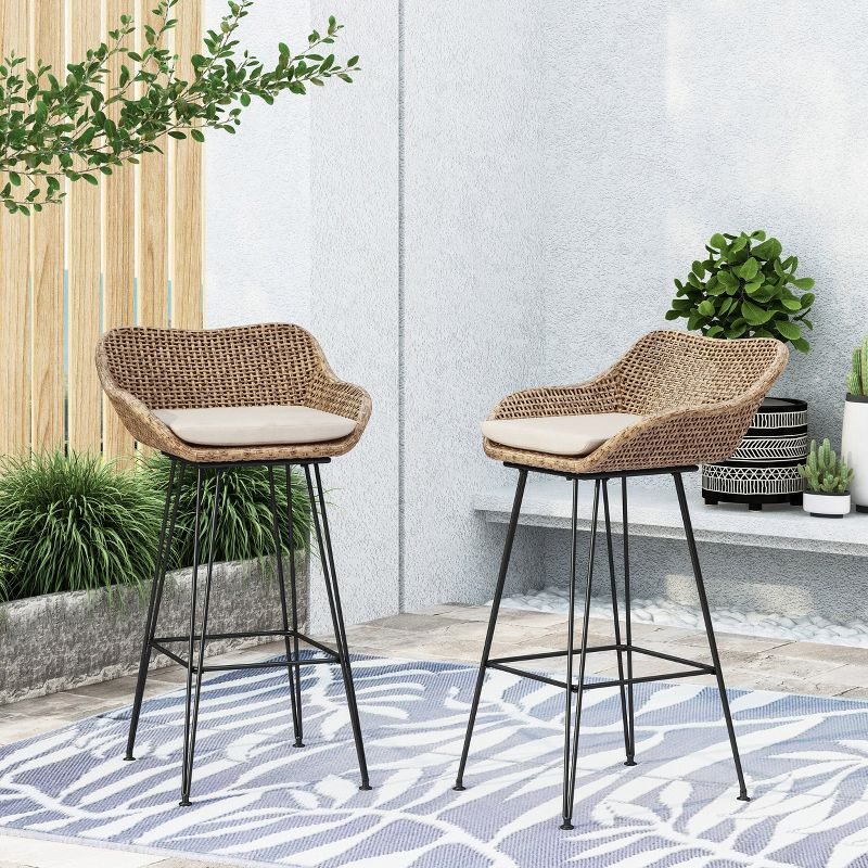 Gewnee Outdoor Wicker and Iron Low Back Barstools