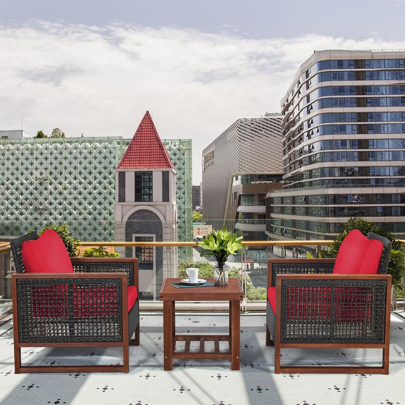 Costway 3PCS Patio Wicker Furniture Set Solid Wood Frame Cushion Sofa w/ Square Table Shelf Red