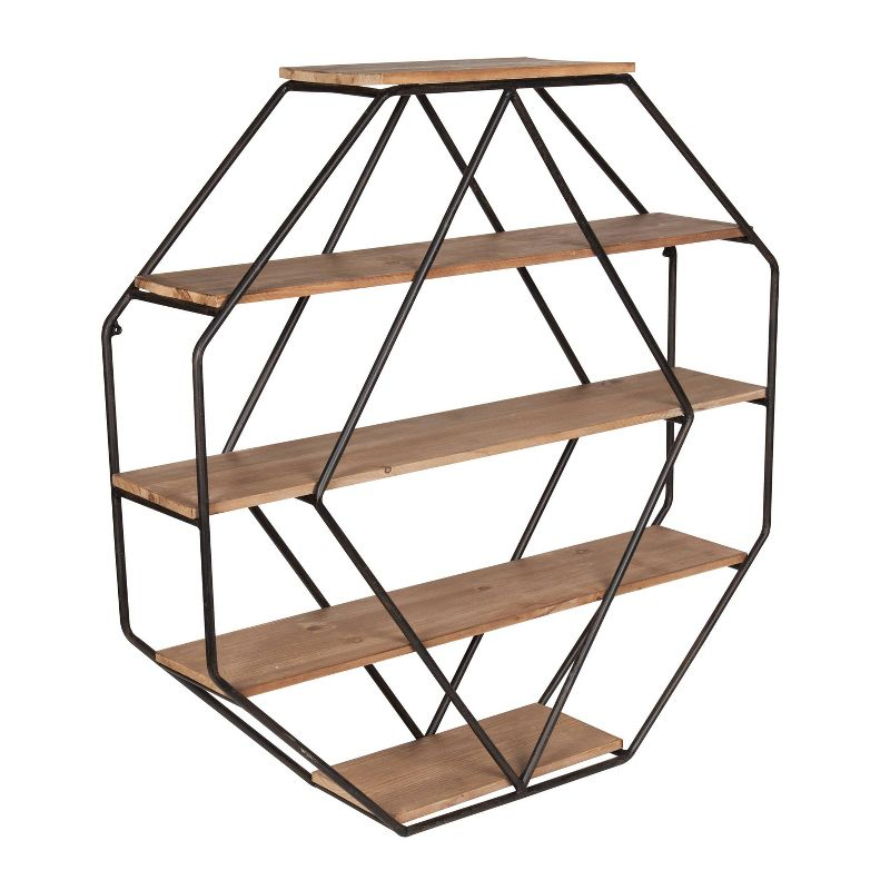 Kate & Laurel All Things Decor Wall Shelf Octagon Shaped Walnut/Black: 5-Tier Metal Floating Decorative Shelving