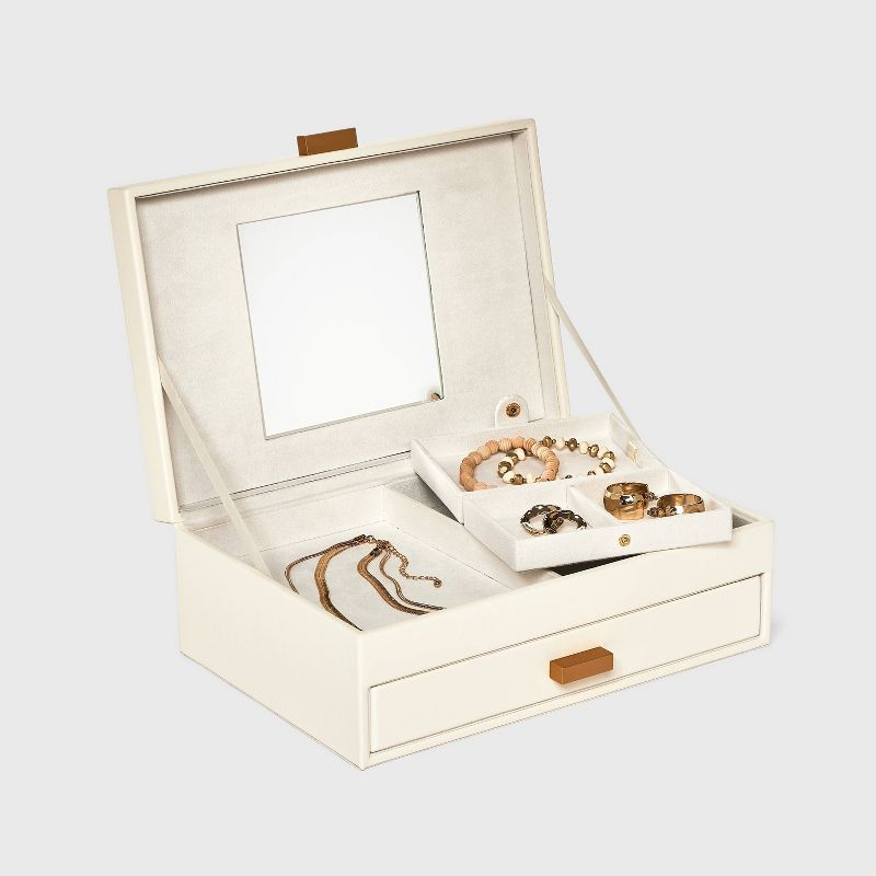 Two Drawer Organizer Jewelry Box - A New Day™ Cream: Polyurethane Storage with Divided Tray, Mirror, Rectangle Shape