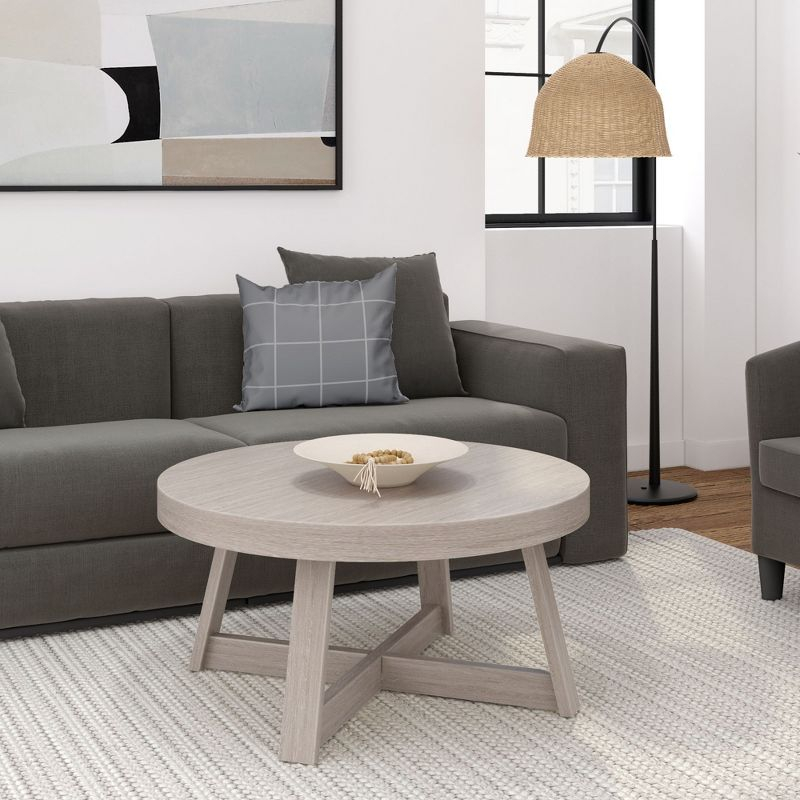Plank+Beam Solid Wood Classic Round Coffee Table, 36" Farmhouse Coffee Table, Seashell Wirebrush