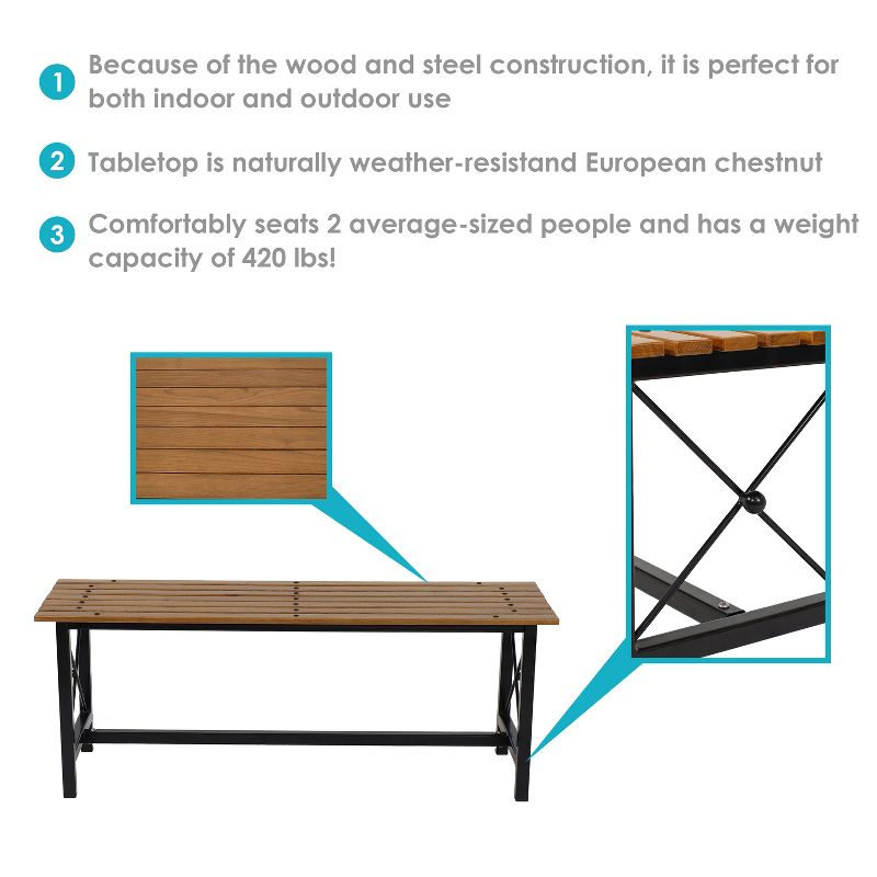 Sunnydaze European Chestnut Patio Dining Bench with Steel Frame - 17.75" H