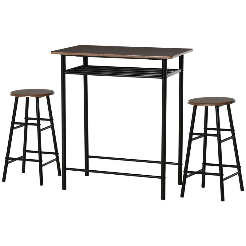 HOMCOM 3 Piece Counter Height Bar Table and Chairs Set, Space Saving Dining Table with 2 Matching Stools, Storage Shelf Metal Frame Footrest, Black
