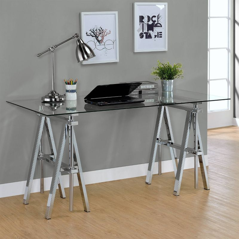 Statham Glass Top Adjustable Sawhorse Standing Desk Chrome - Coaster: Industrial Style, Manual Height Adjustability