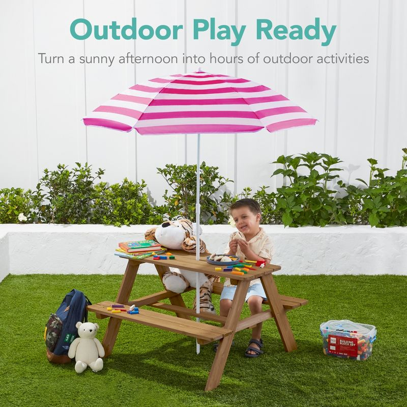 Best Choice Products Kids Wooden Picnic Table, Outdoor Activity Table w/ Adjustable Umbrella, Seats - Natural/Dark Pink