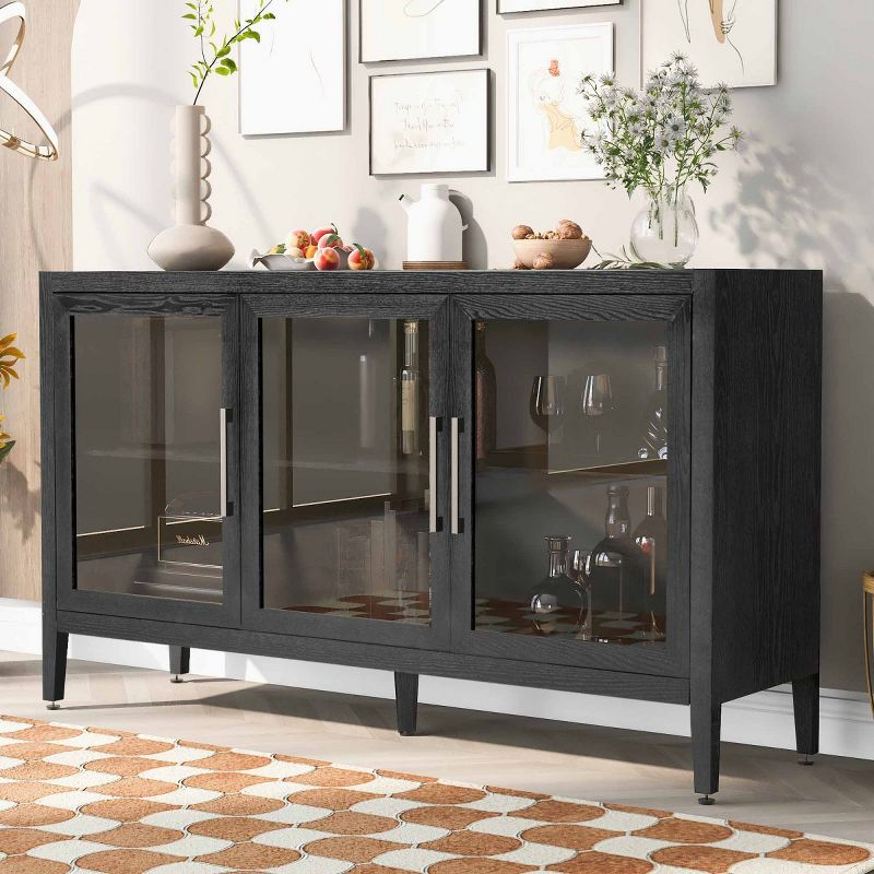 Wood Storage Cabinet With Three Tempered Glass Doors And Adjustable Shelf, Modern Accent Cabinet Black-Cuddlewood