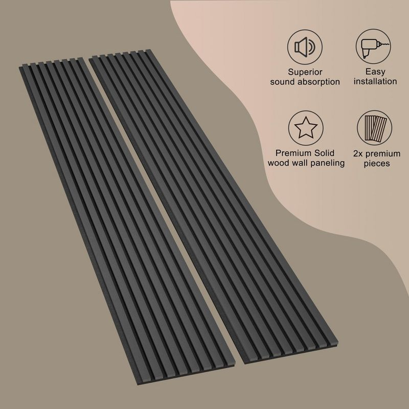2-Pack 94.49 x 12.6 in. Solid Wood Acoustic Slat Wall Panel for Modern Interior Decor, TV Background, Living Room (Black)