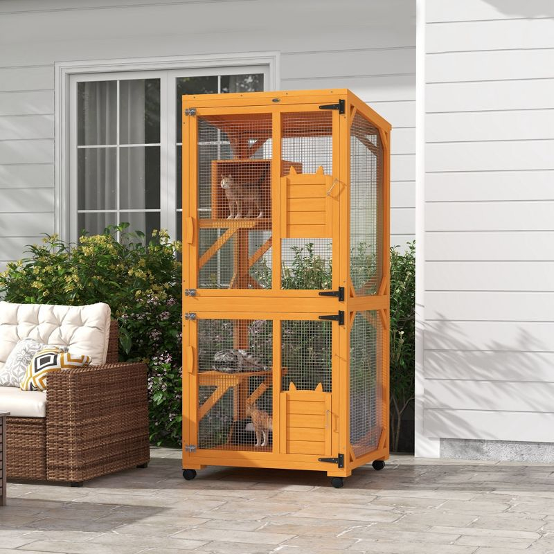 PawHut Catio Outdoor, Large Cat Enclosure, Wooden Kitten House, Elevated Design, with Wheels, Water-Resistant, Multi Platforms, for 1-3 Cats, Orange