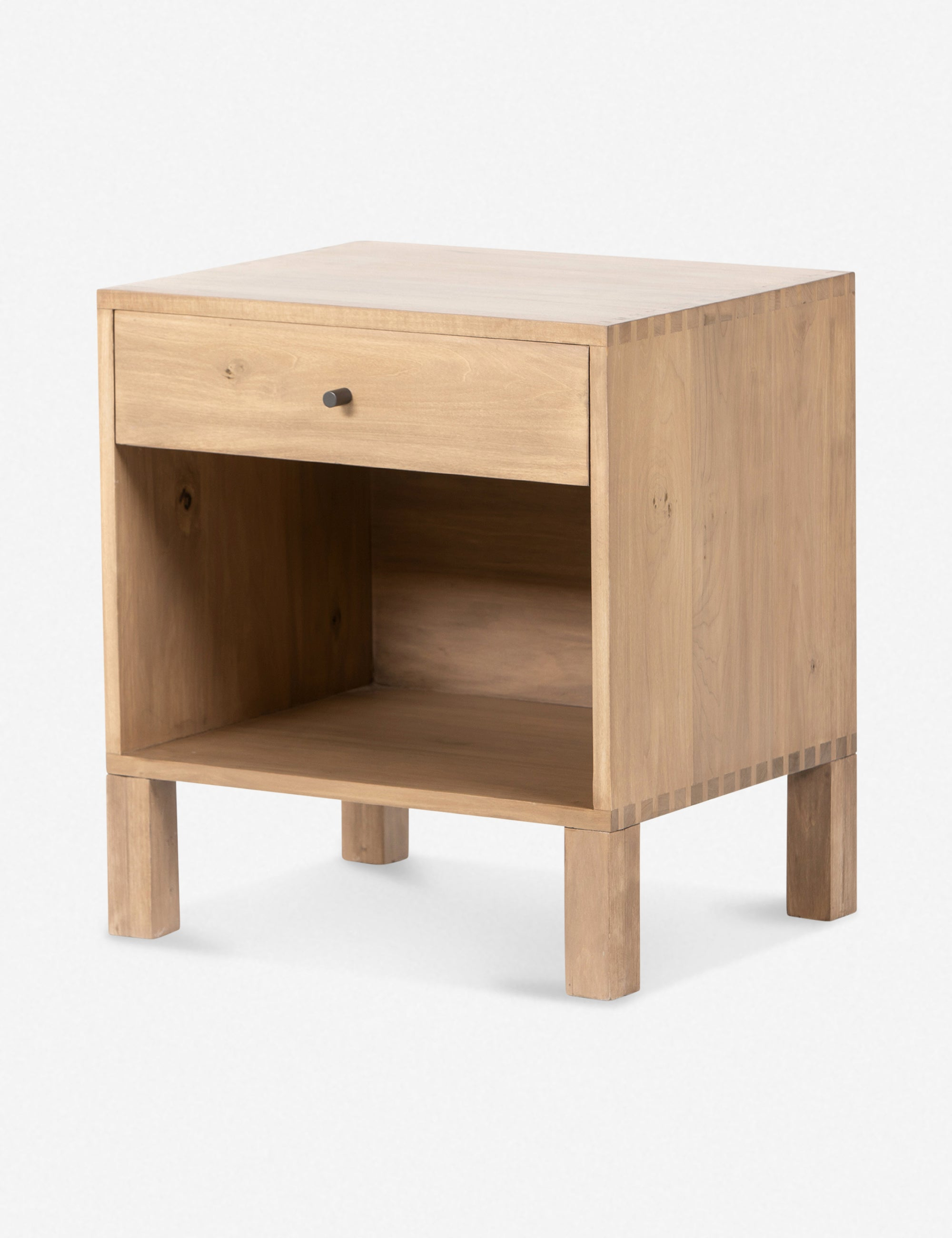 Isador Cubed Nightstand in Dry Wash Poplar with Iron and Leather Accents