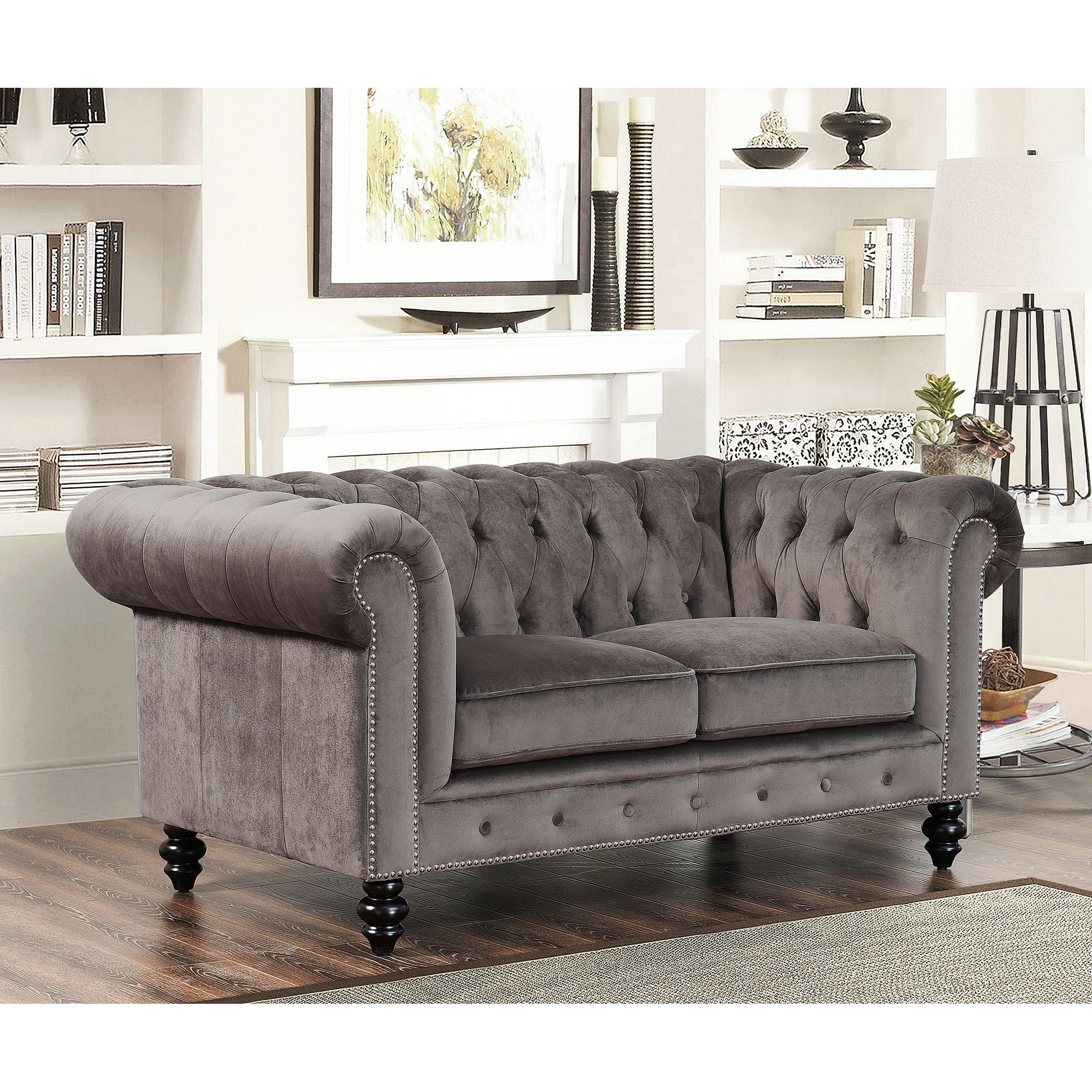 Elegant Navy Blue Velvet Chesterfield Loveseat with Silver Nailhead Accents