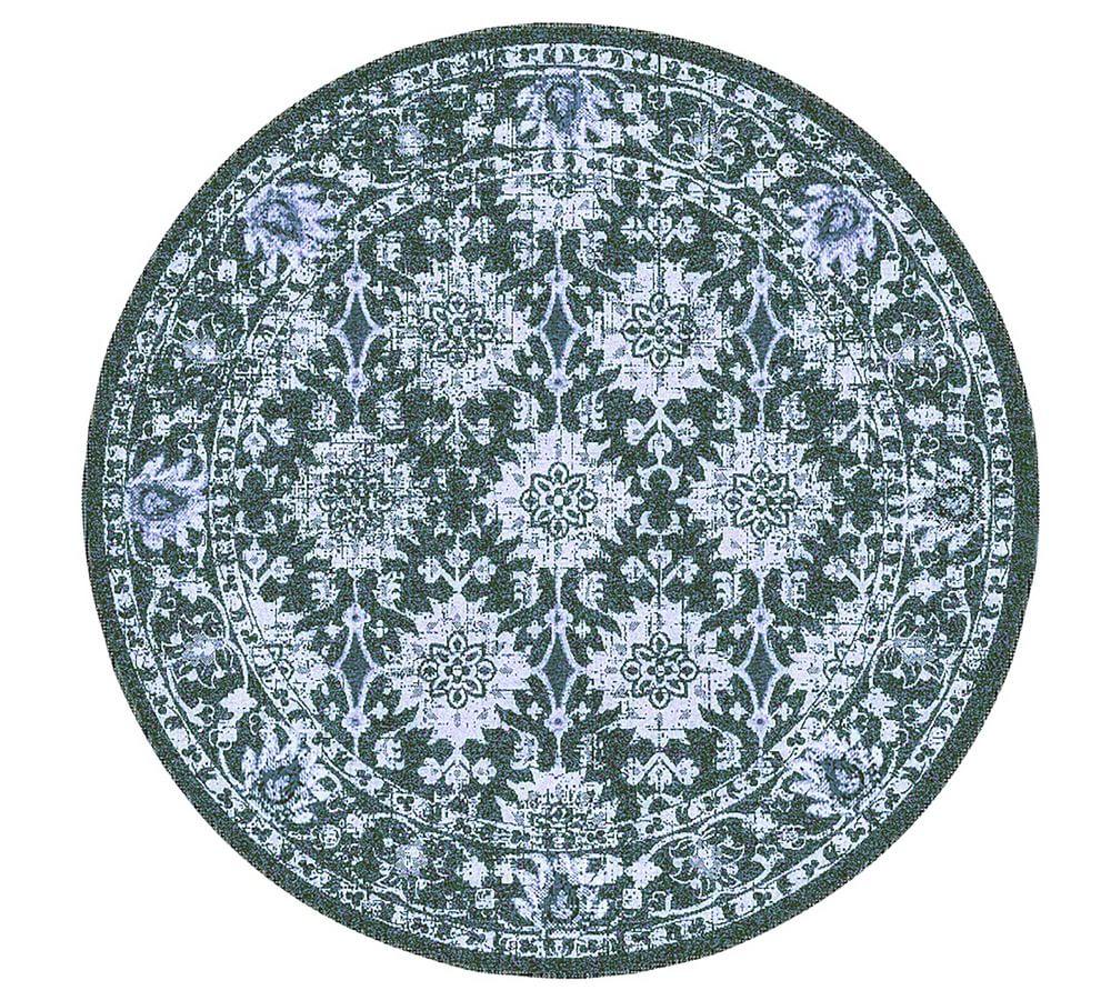 Navy Vintage Floral 7'10" Round Synthetic Easy Care Rug