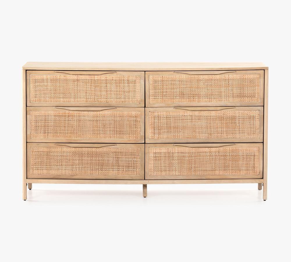 Coastal Charm Double Dresser with Mirror in Natural Mango & Woven Cane