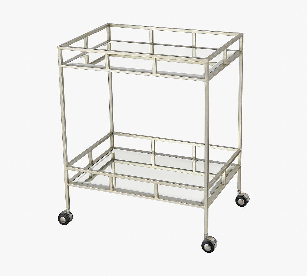 Electroplated Nickel Rectangular Bar Cart with Mirrored Shelves and Wheeled Legs