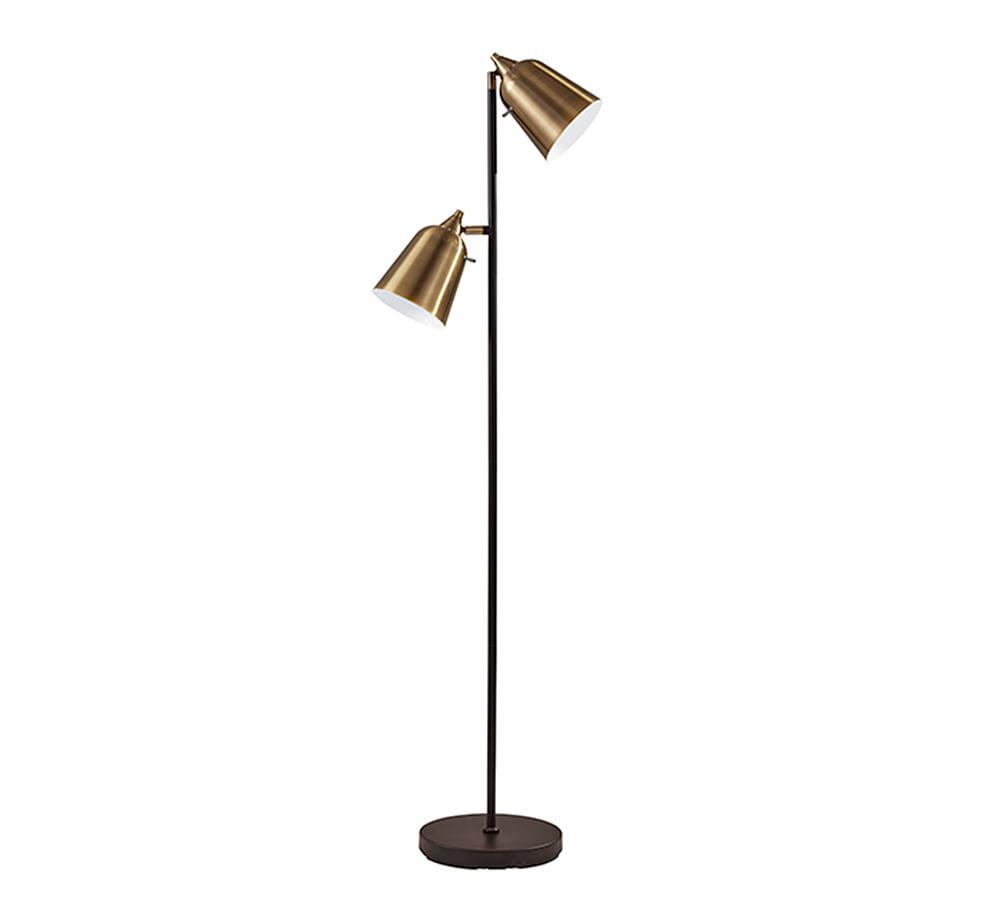 Matte Black and Antique Brass Dual-Head Adjustable Floor Lamp