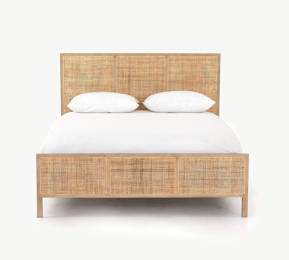 King-Sized Contemporary Brown Mango Wood & Cane Panel Bed