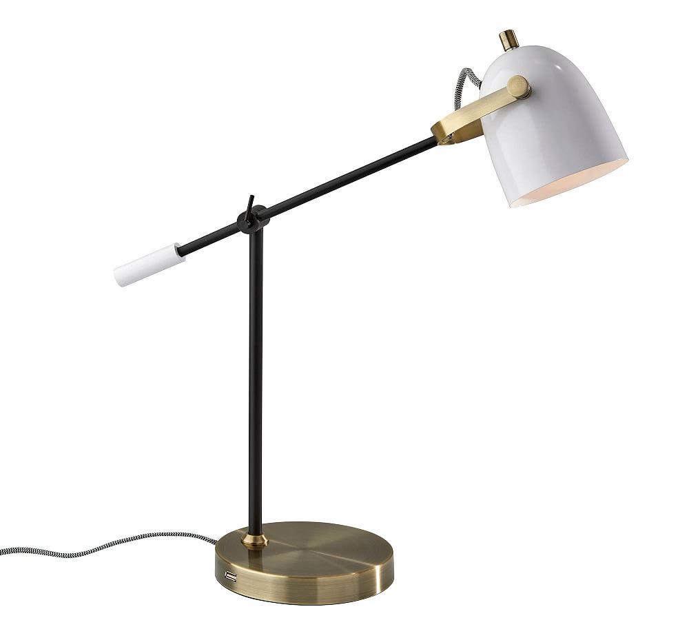 Casey Adjustable Black, White & Antique Brass Desk Lamp