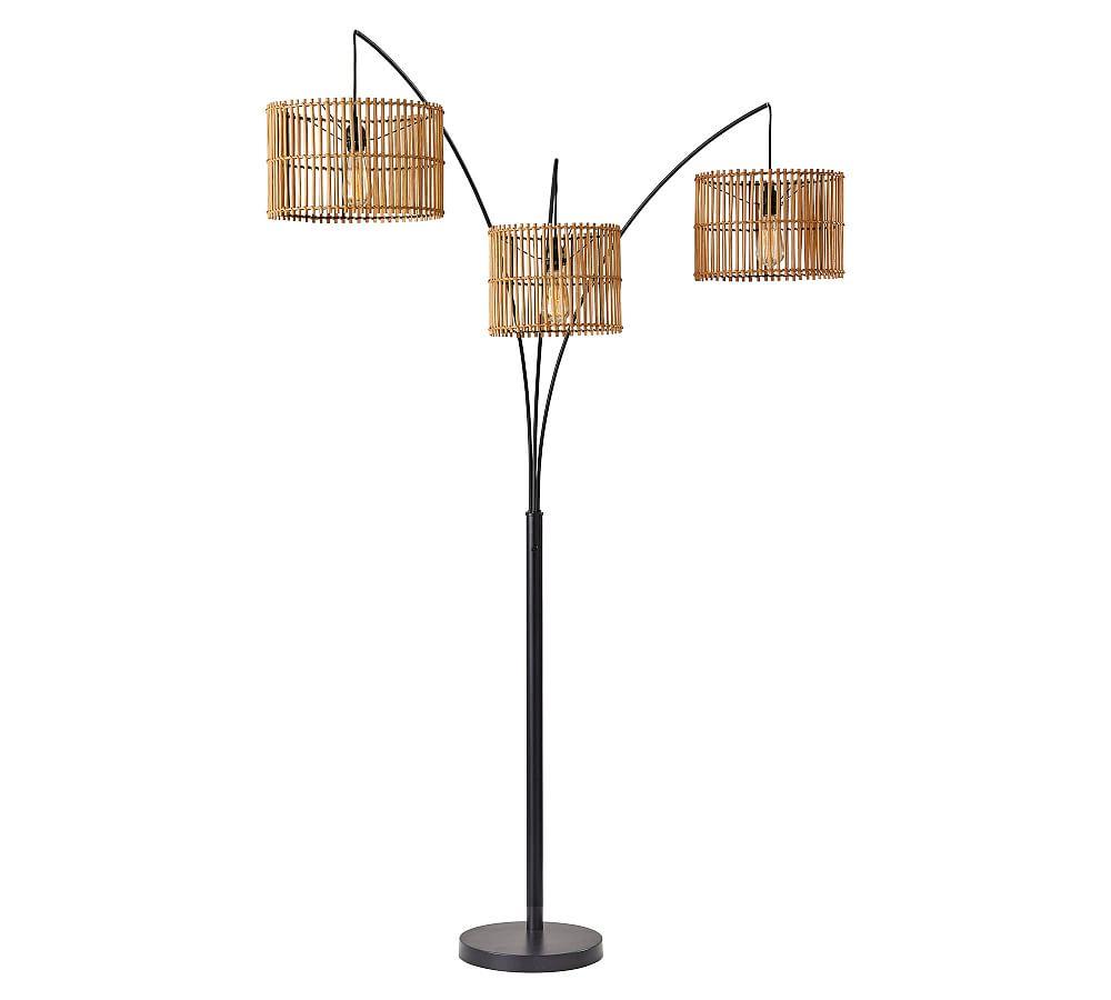 Bohemian Bronze 3-Light Arc Floor Lamp with Rattan Shades