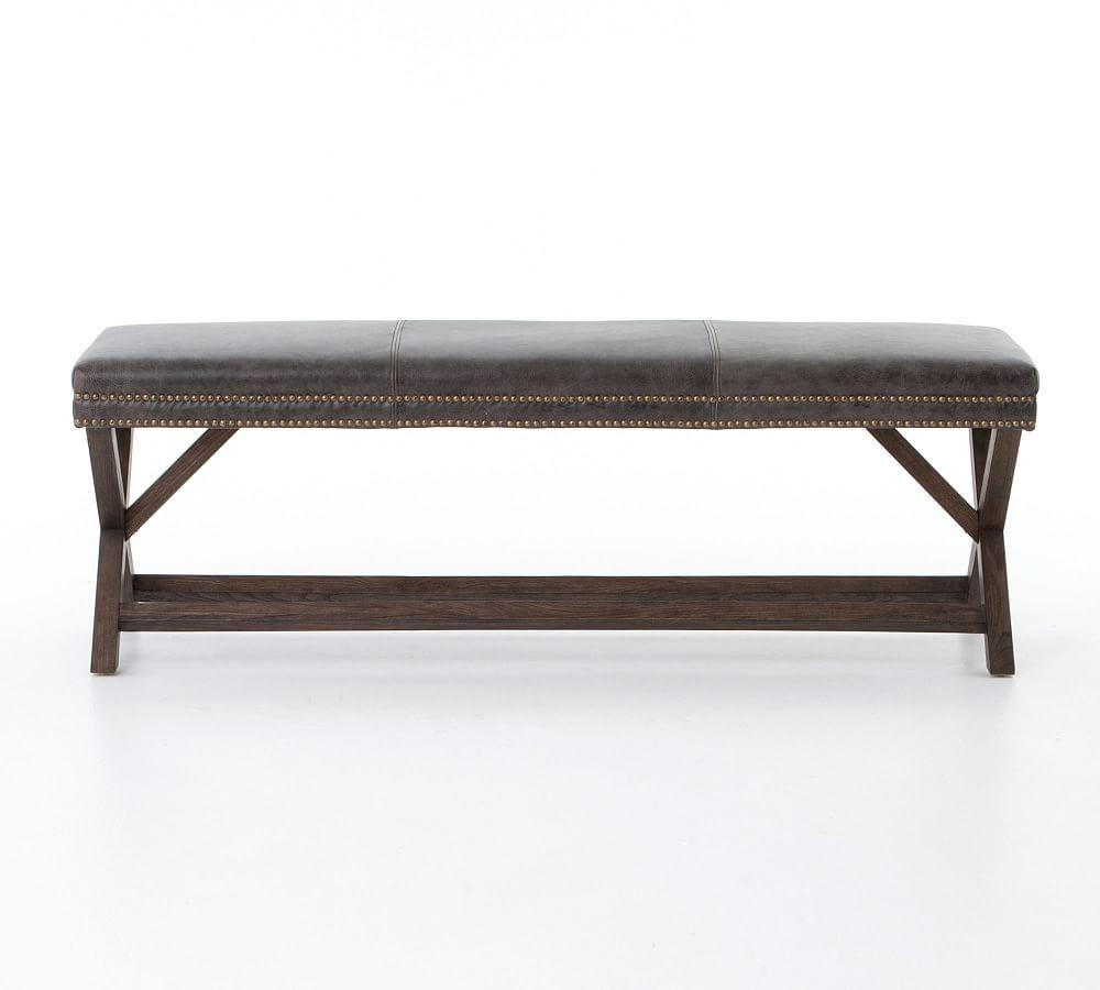 Aldrich Brass Nailhead Leather Bench with X Frame