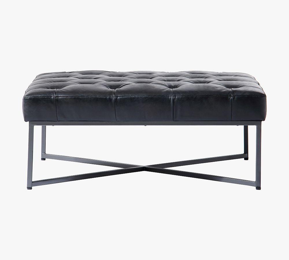Somerton Tufted Black Leather Ottoman with Pine X-Base
