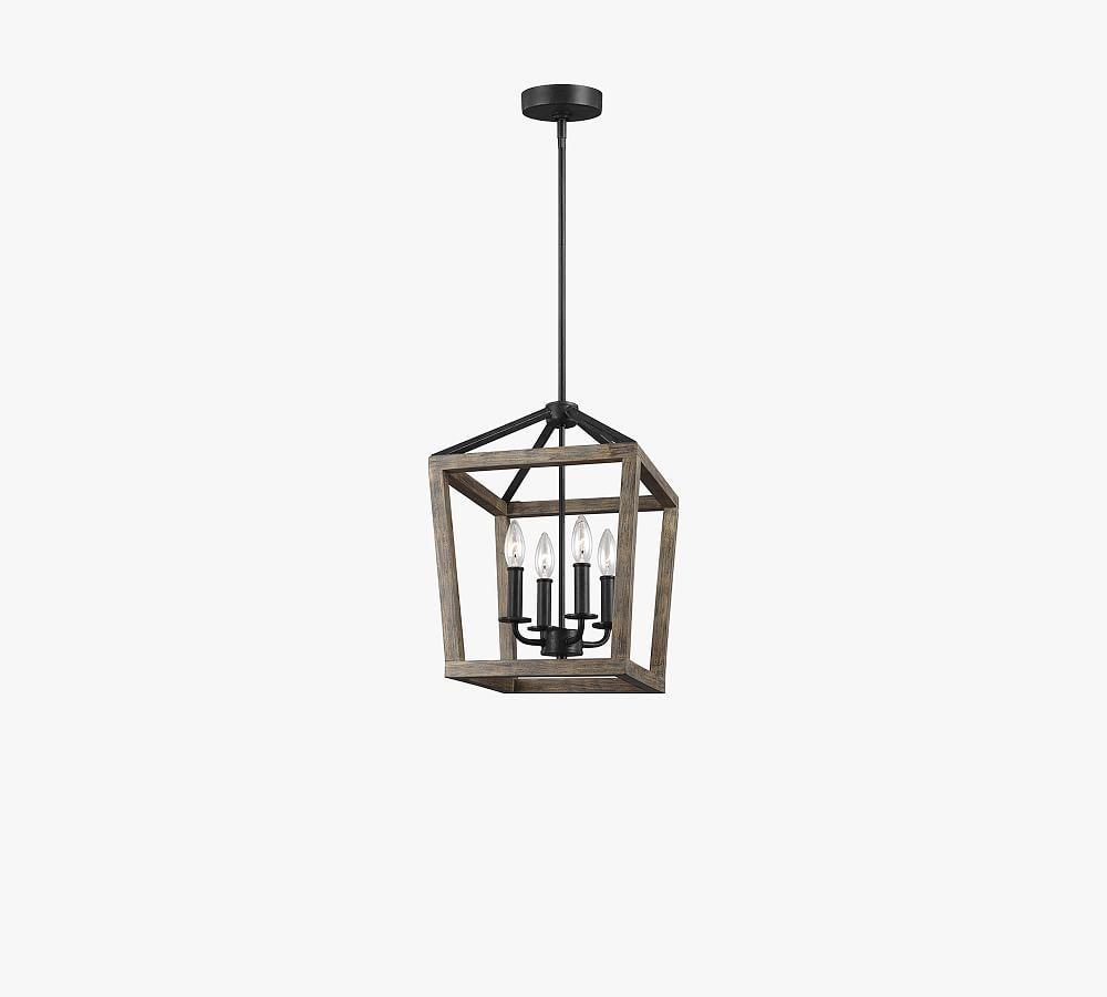 Mini Brass Cage Chandelier with Weathered Oak & Forged Iron