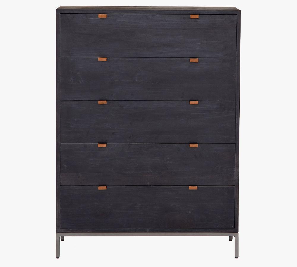 Rosamonde Mid-Century 5-Drawer Black Dresser with Leather Pulls