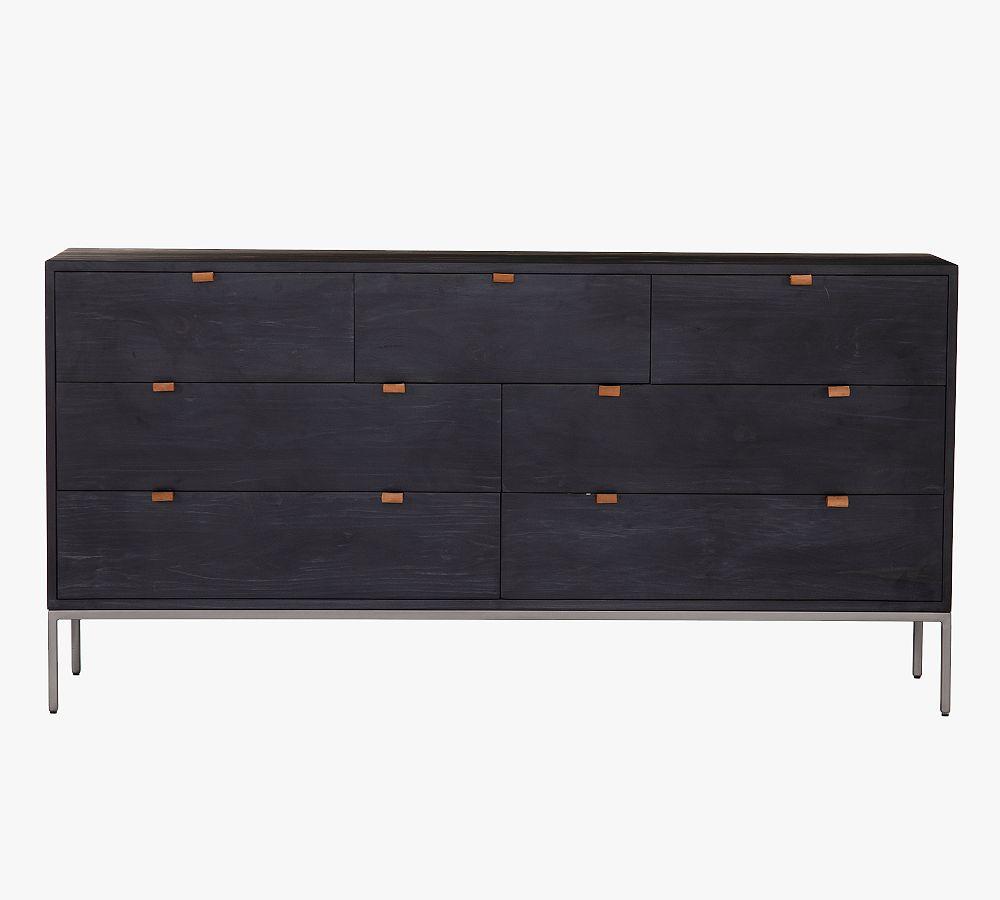 Mid-Century Modern Black 7-Drawer Dresser with Leather Pulls