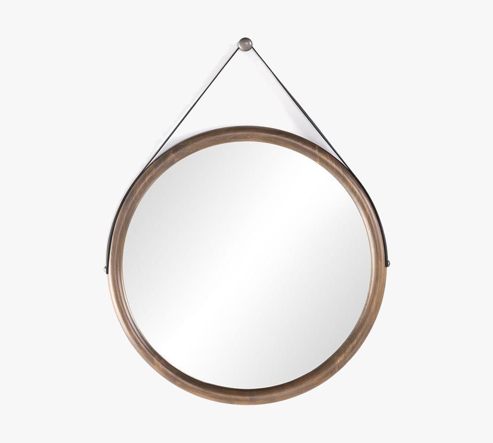 Auburn Poplar and Black Leather Round Wall Mirror with Iron Hardware