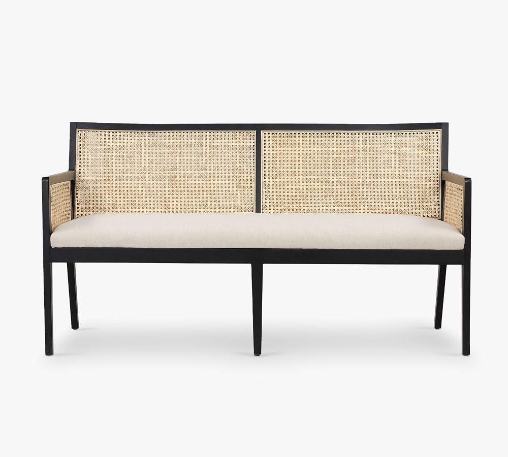 Cream Linen-Blend 63" Contemporary Cane Dining Bench