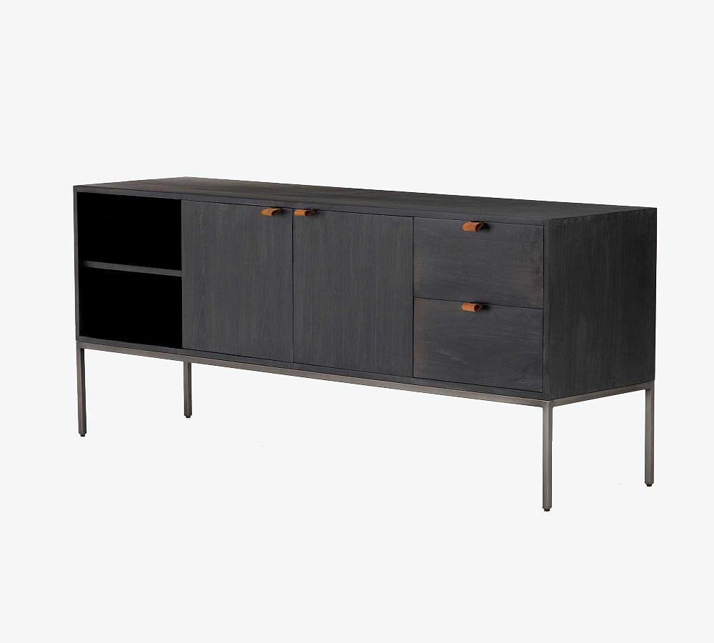 Contemporary Black Wash Poplar Media Console with Leather Pulls