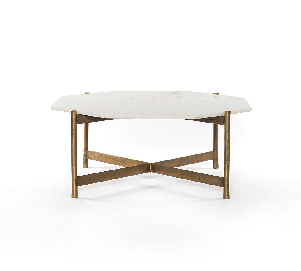 Elegant Octagonal Gold-White Marble & Metal Coffee Table