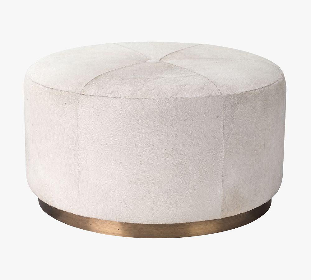 Thackeray Round White Velvet Brass-Accented Pouf