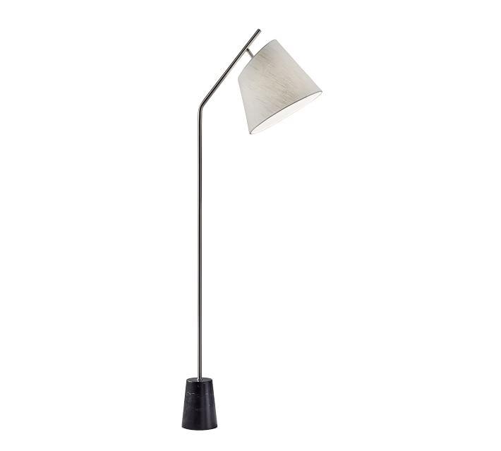 Classic Brushed Steel Arc Floor Lamp with White Linen Shade