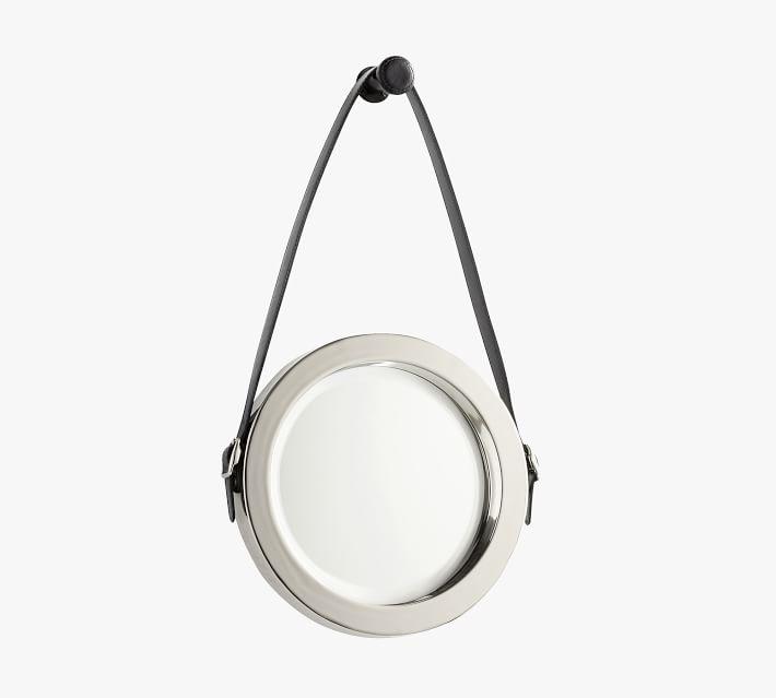 Contemporary Silver Leather-Strap Round Wall Mirror