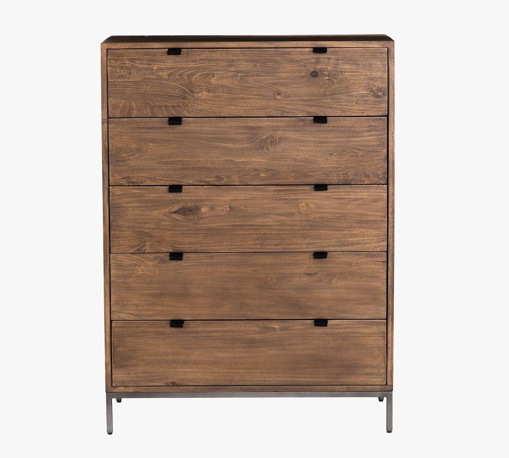 Auburn Poplar Mid-Century 5-Drawer Dresser with Leather Pulls