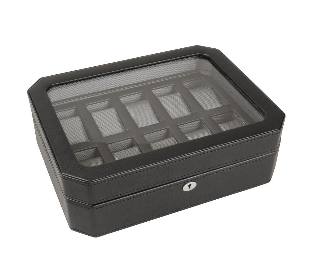 Windsor Mid-Century Black Faux Leather 10-Piece Watch Box with Drawer