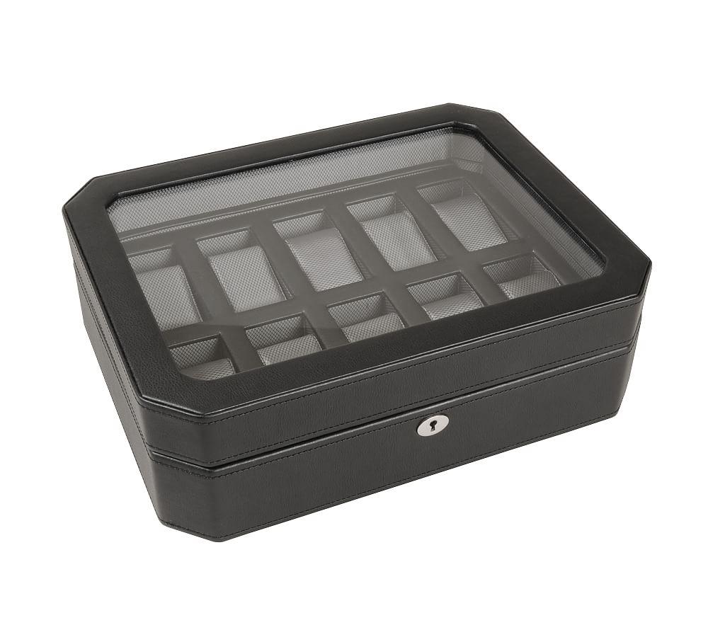Windsor Mid-Century Black Faux Leather 10-Piece Watch Box with Drawer
