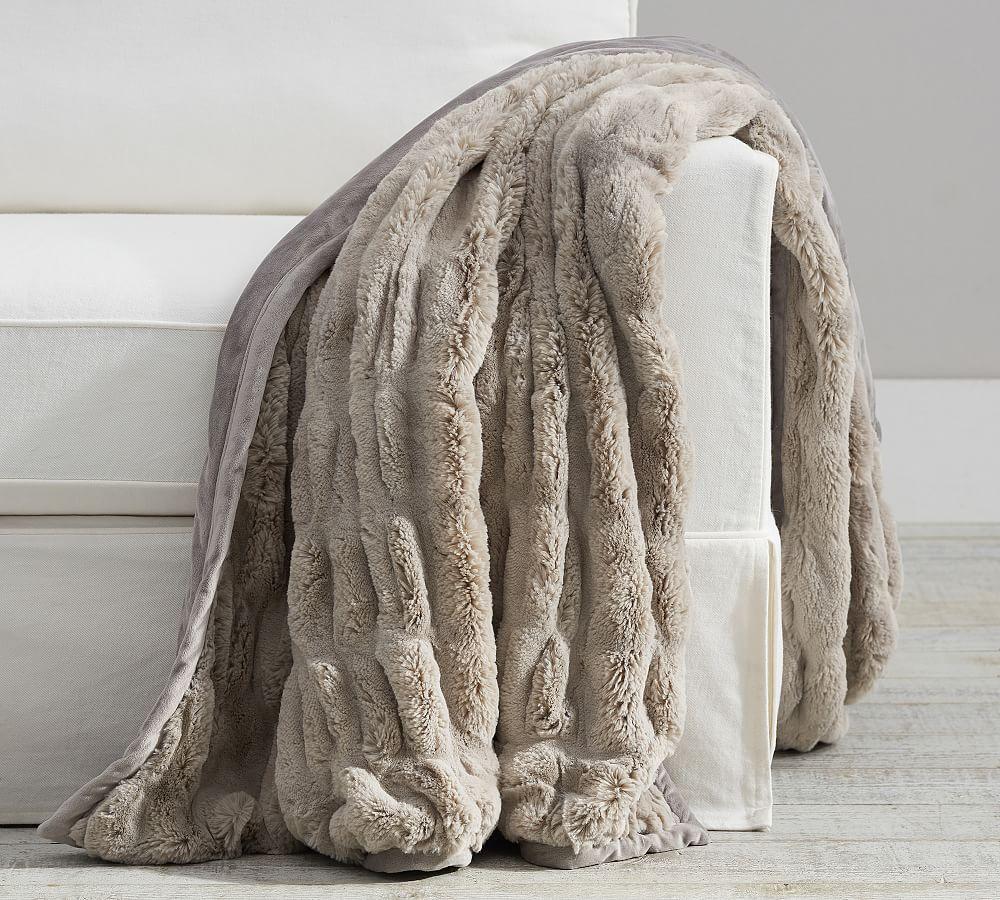 Gray Faux Fur Reversible Knitted Throw Blanket 50 x 60