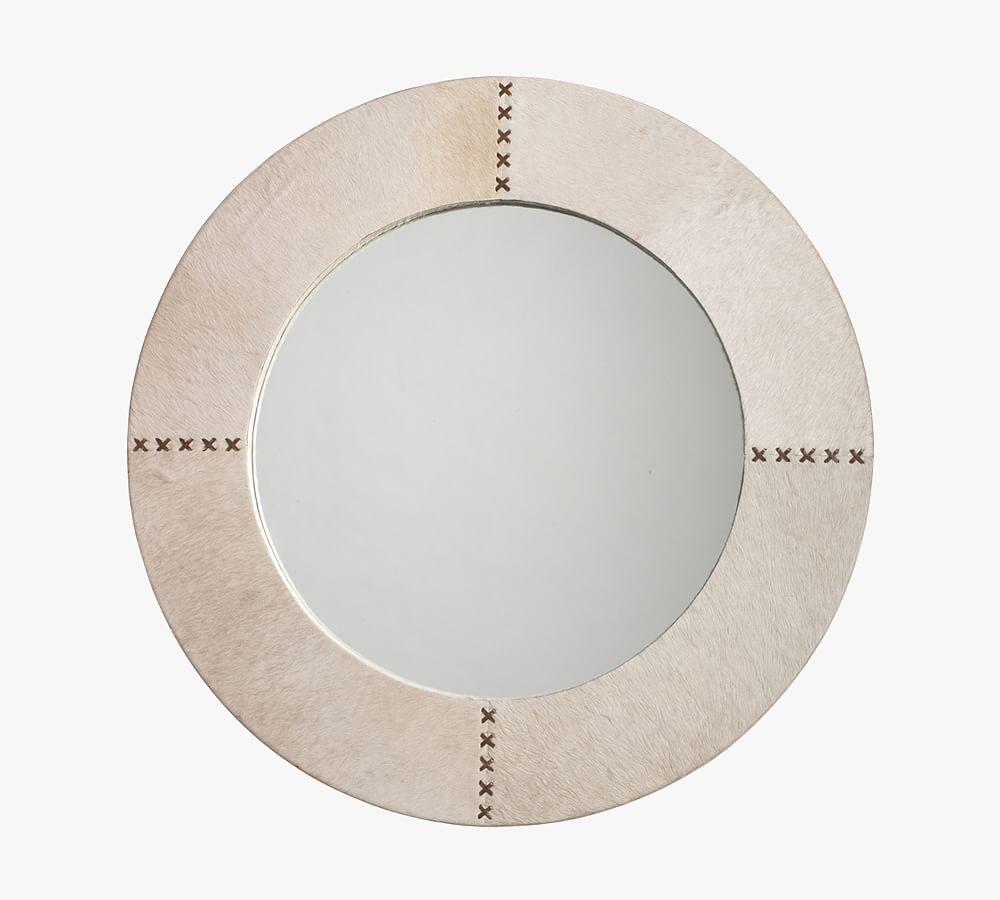 Whip-Stitched White Hide & Chocolate Leather Round Vanity Mirror