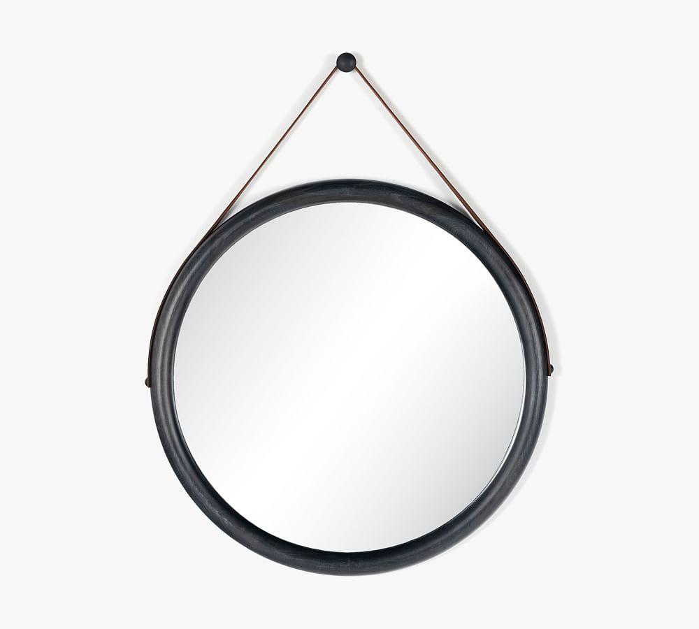 Modern Black-Washed Poplar & Toffee Leather 30" Wall Mirror