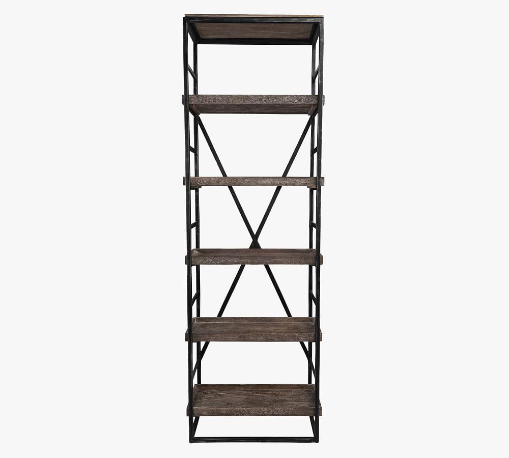 Anthony Industrial Black Iron Frame Bookcase with Dark Taupe Mango Wood Shelves