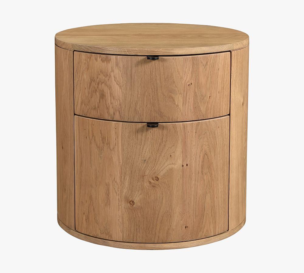 Scandinavian Solid Oak 2-Drawer Round Nightstand in Natural Brown